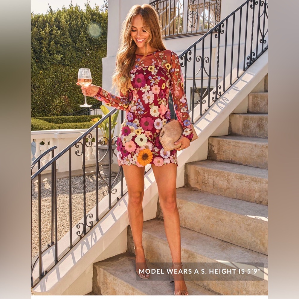 Vici Vibrant Floral Long Mesh Sleeve mini Dress size S new with tags